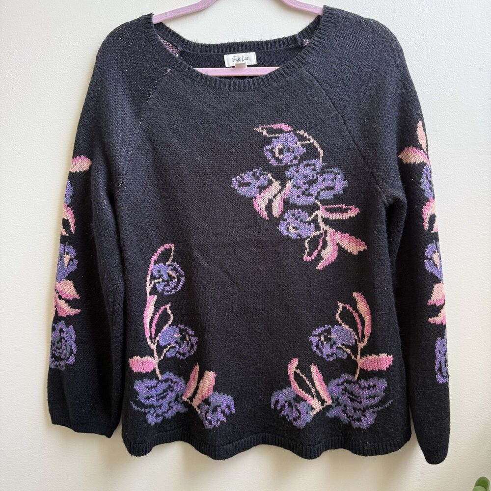 Style and Co Y2K black sweater with metallic pink and purple roses Size M